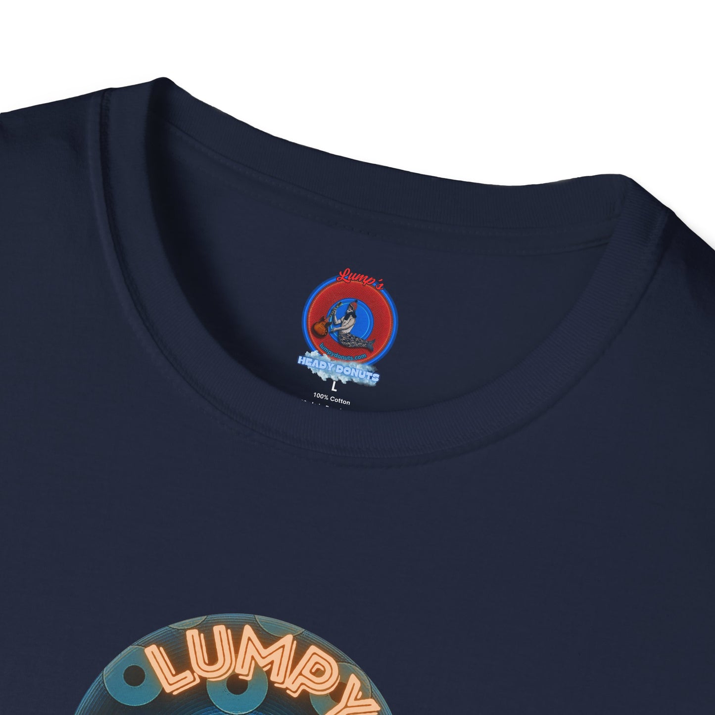 Coffee Traders Tee - Unisex Soft-Style - "Tasty Coffee" - paradoxical donut/cubed blue donut - variant 2 - logo front/It's Ice Cube's back