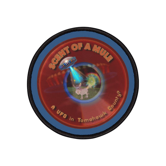 Iron-On Donut Patch - "Donut Patches? In Tomahawk County?" - vivid red donut - variant 2