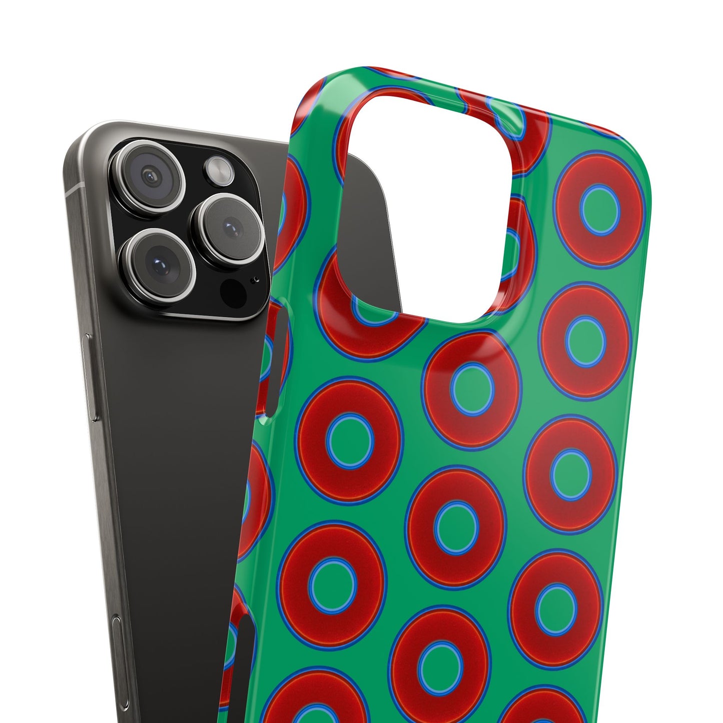 Lumpy Donut Snap Case - red vivid donut print w/jade green background