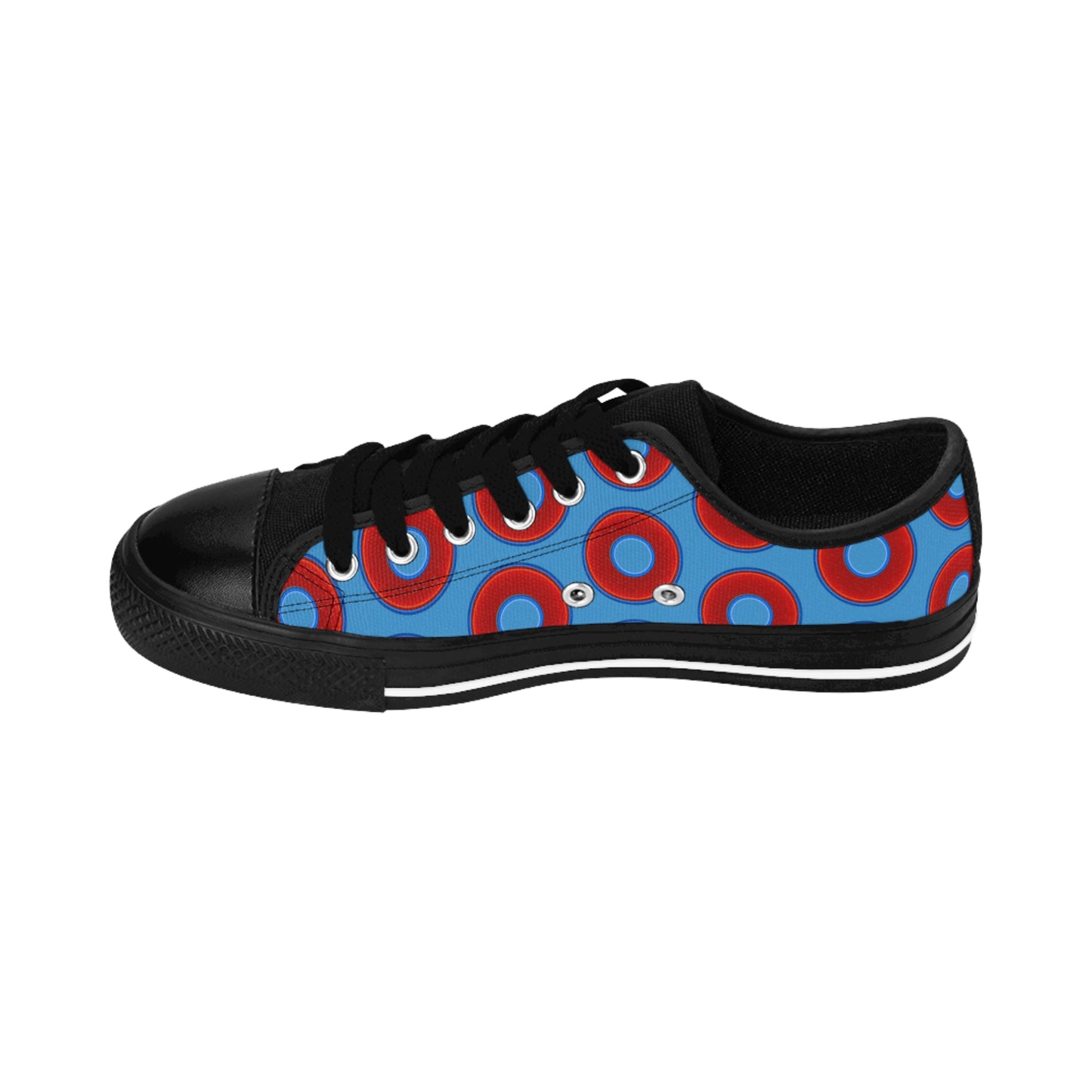 Women's Cushiony Convectors - Low Top - large red vivid donut print w/light steel blue background