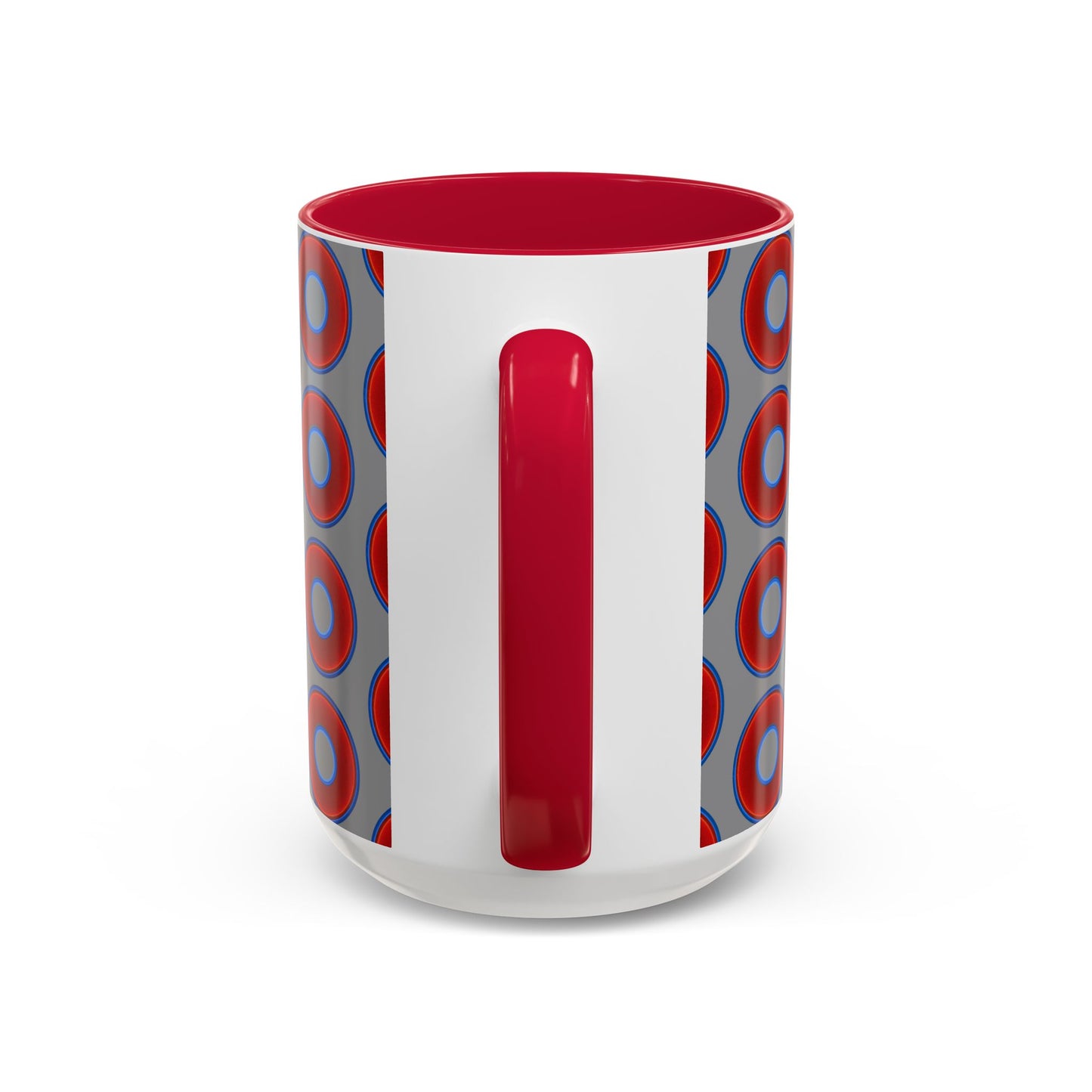 Lump's Grumpy Coffee Mug - vivid red donuts w/gray background