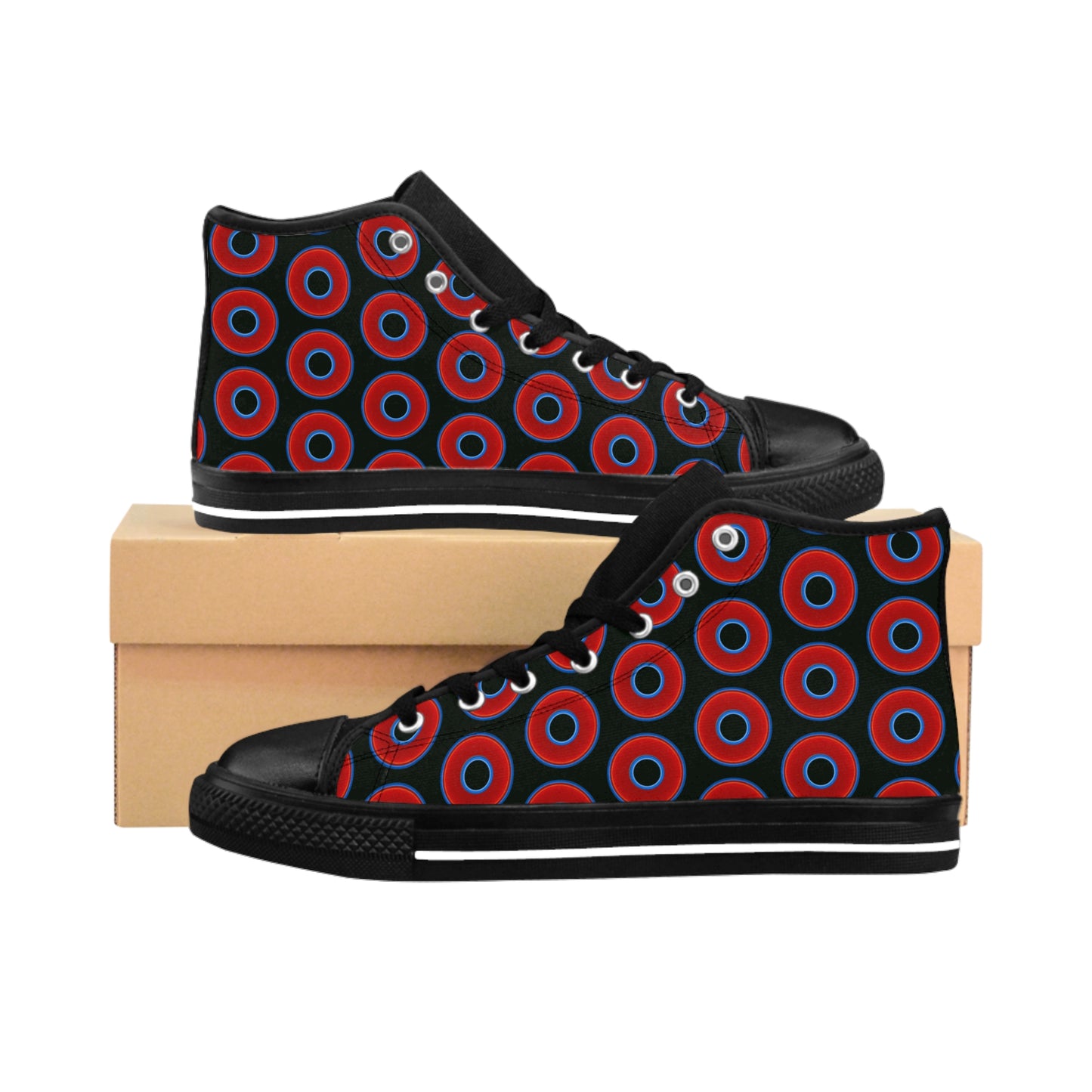 Men's Cushiony Convectors - High Tops - red vivid donuts w/midnight moss green background