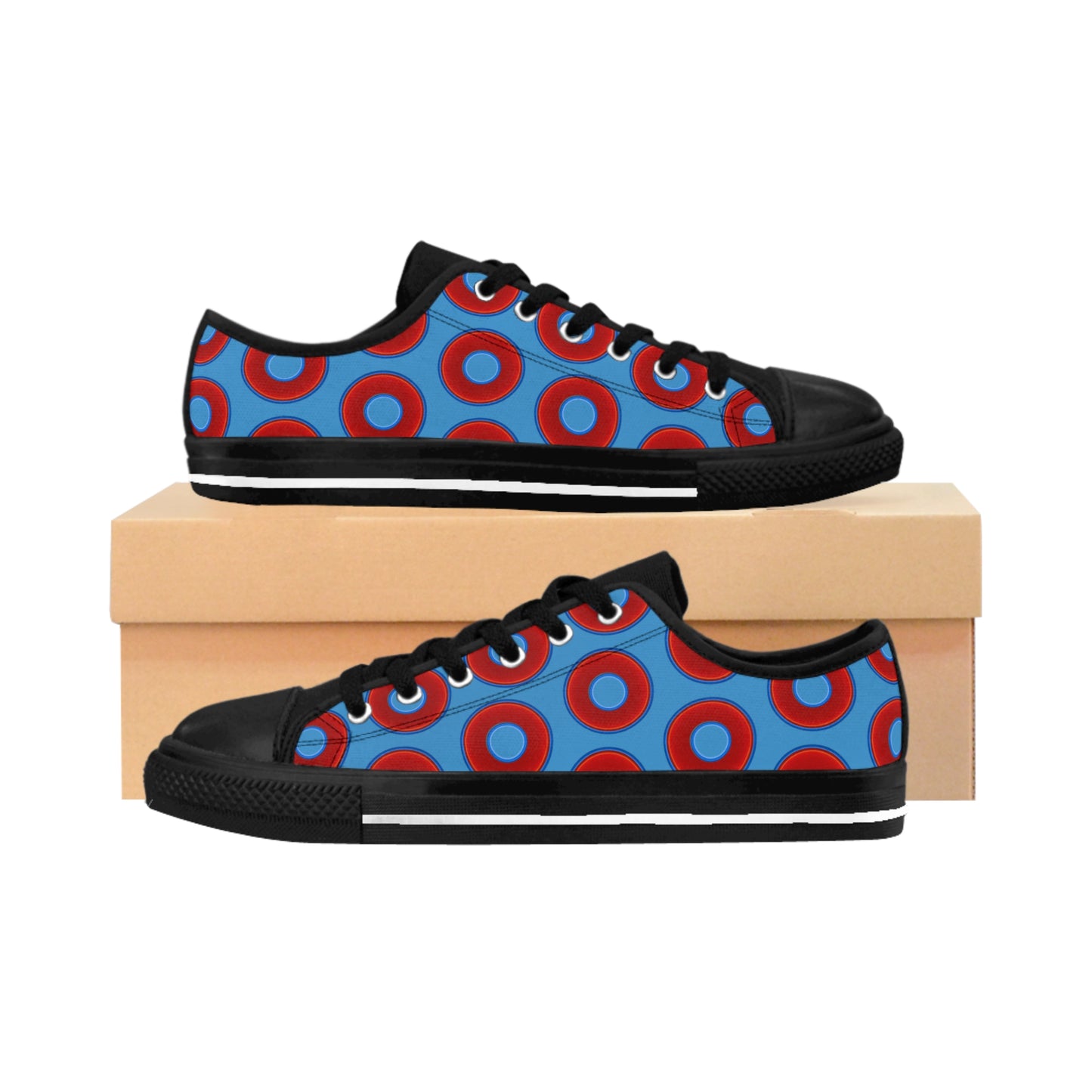 Women's Cushiony Convectors - Low Top - large red vivid donut print w/light steel blue background