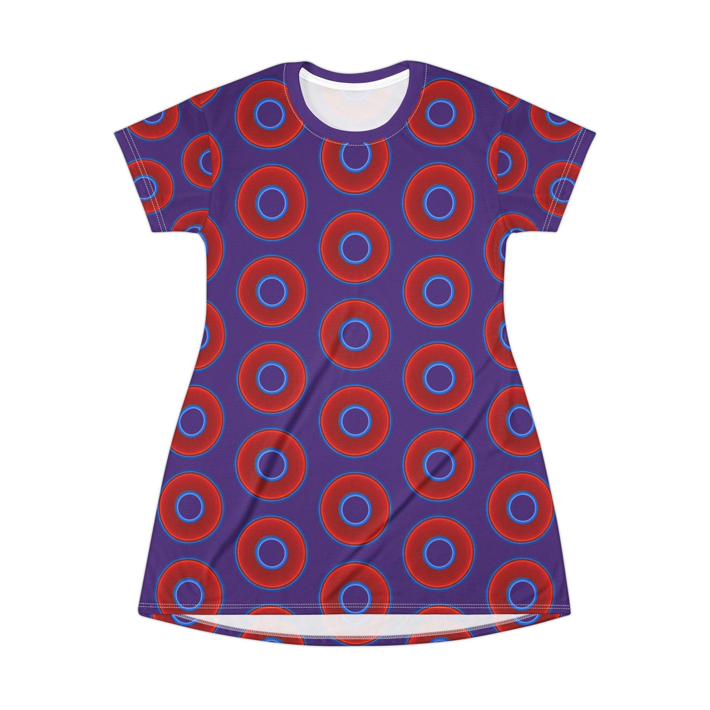 Not a Muumuu AOP Tee Shirt Dress - red vivid donuts w/purple background