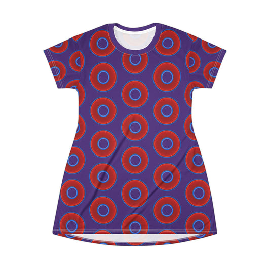 Not a Muumuu AOP Tee Shirt Dress - red vivid donuts w/purple background