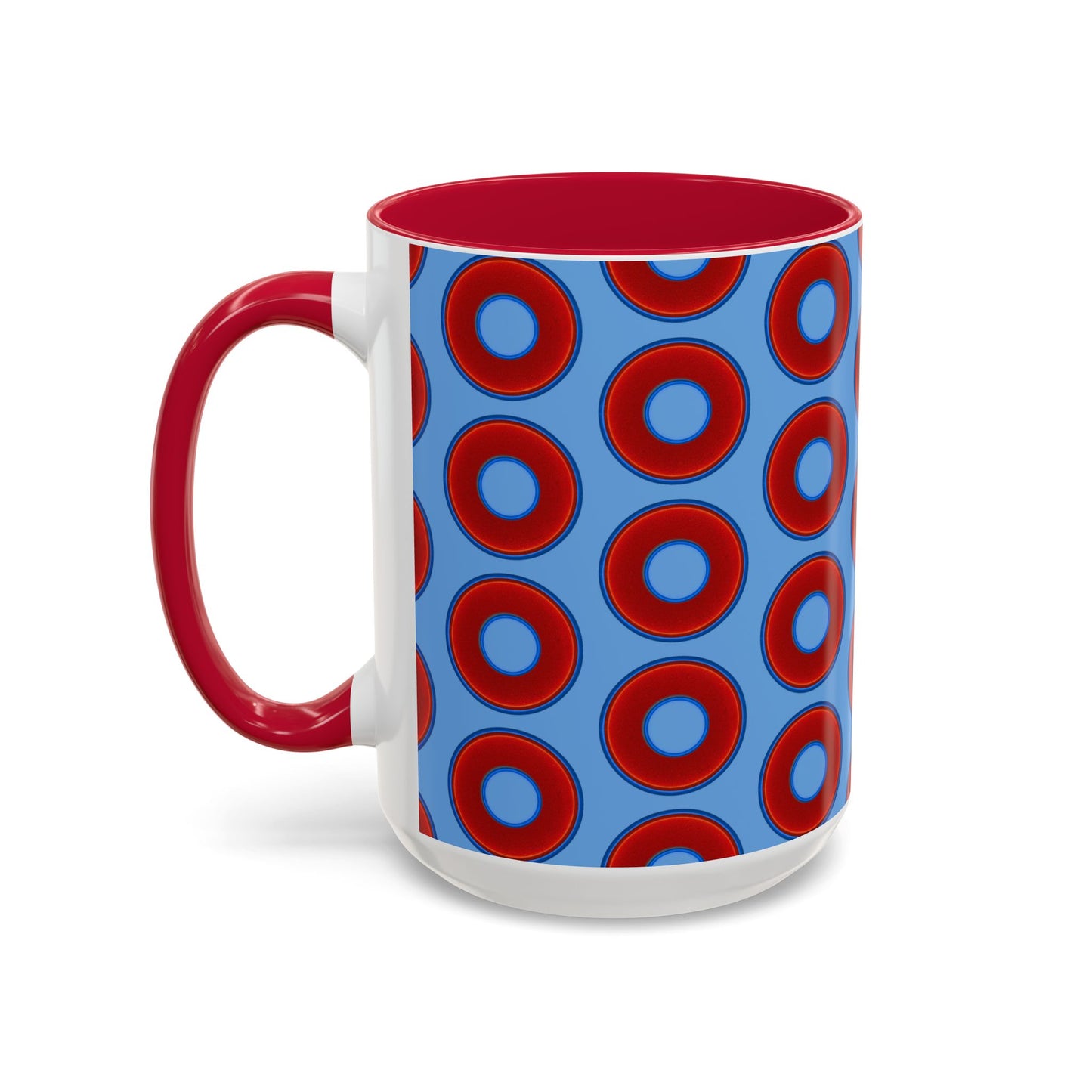 Lump's Grumpy Coffee Mug - vivid red donuts w/light blue background