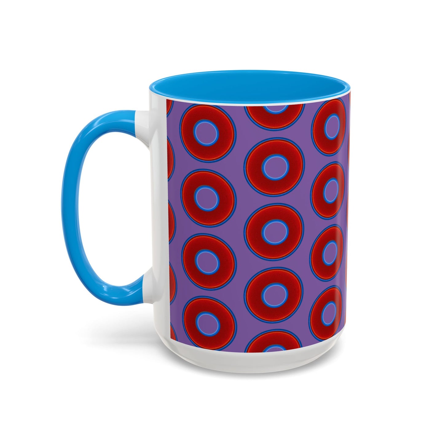 Lump's Grumpy Coffee Mug - vivid red donuts w/light purple background