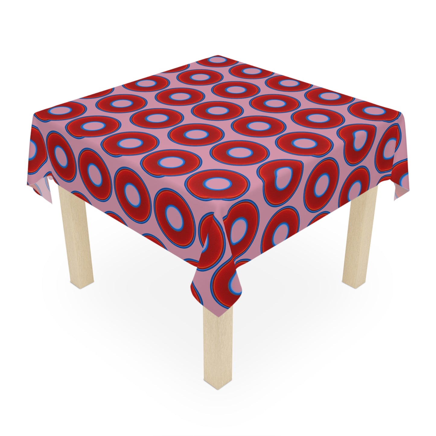 Lumpy Tablecloth - 55.1" x 55.1" - vivid red donuts w/pale magenta background