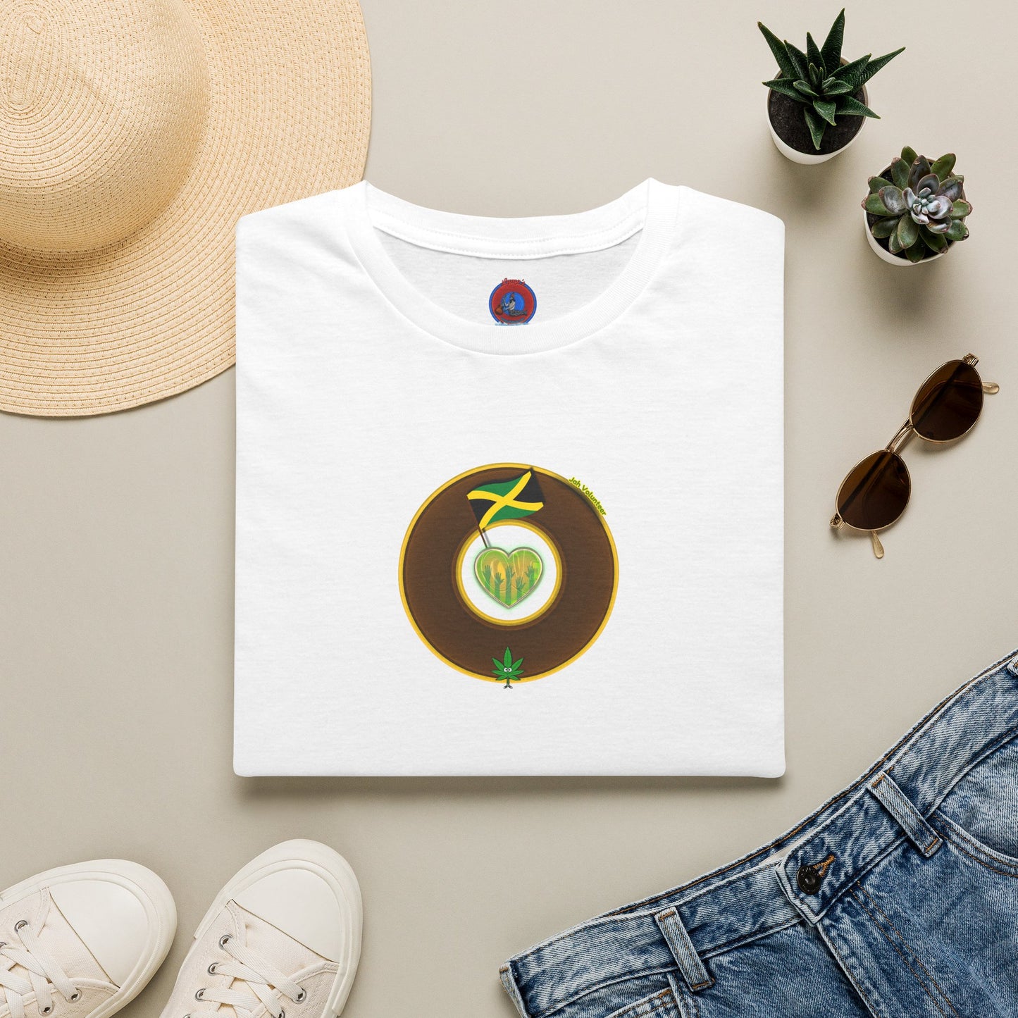 Classic Donut Tee - Unisex Soft-Style - "Jah Volunteers Protect Jah Love... and donuts!" - vivid brown/gold donut