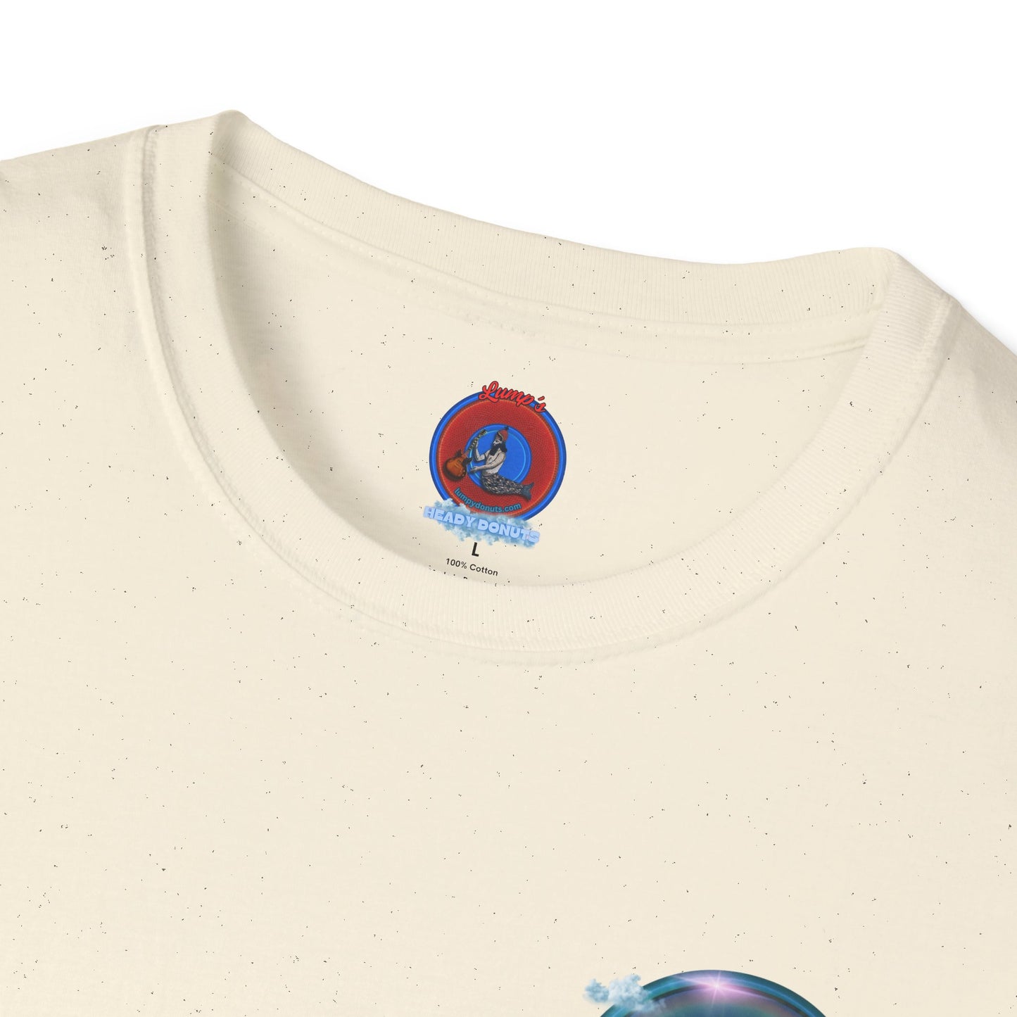 Classic Donut Tee - Unisex Soft-Style - "The Divided Donut" - variant 2 - blue donut  w/hole & sun [*50% to The Divided Sky Foundation]