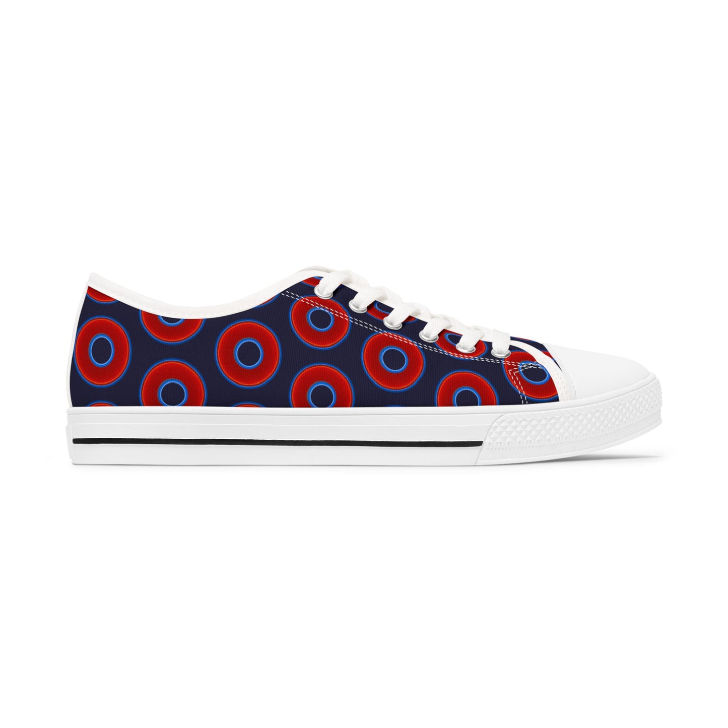 Women's - Low Top Chuck Taylors - large vivid red donut print w/midnight blue background