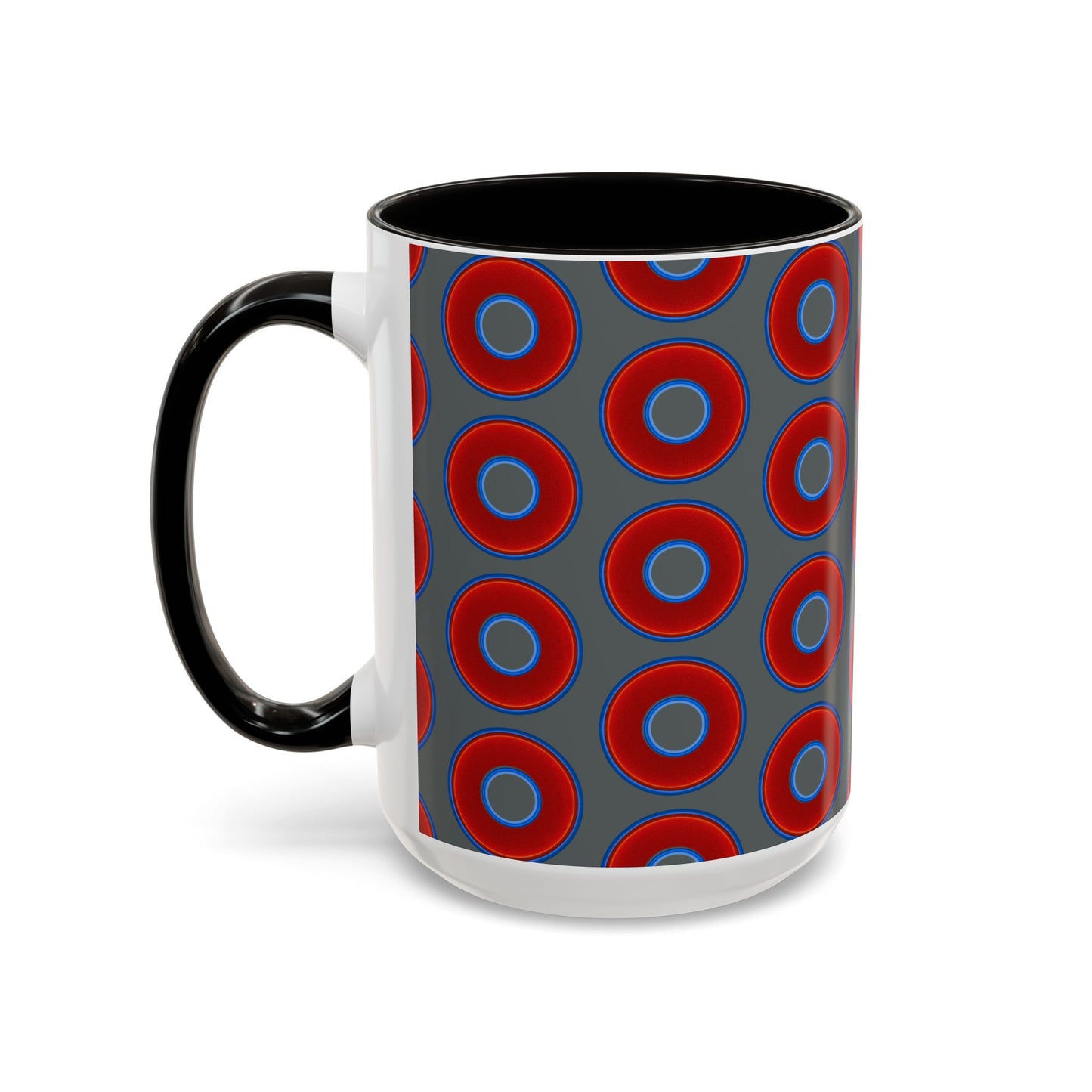 Lump's Grumpy Coffee Mug - vivid red donuts w/dark gray background