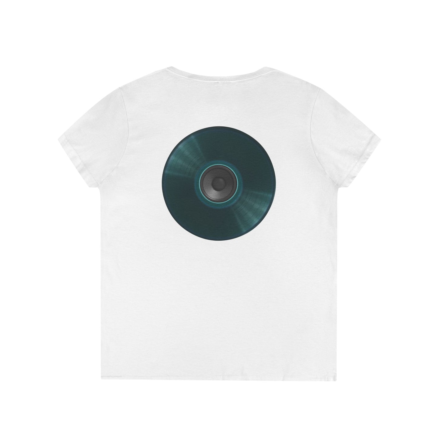 Women's Donut V-Neck Tee - "Speaker Donut" - vivid teal record donut w/