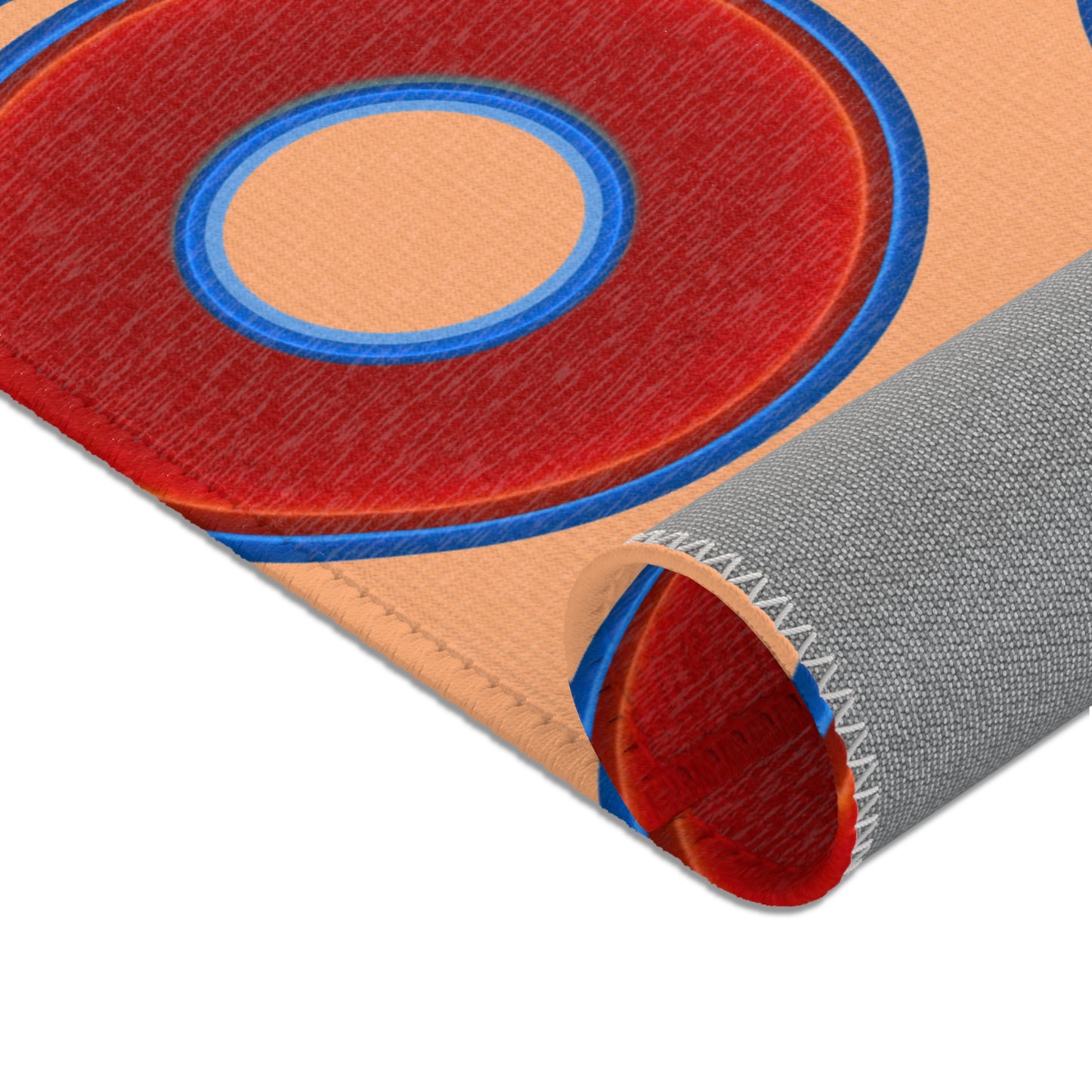 Lumpy Donut Print Rug - choice of 3 sizes - vivid red donut print w/peach background