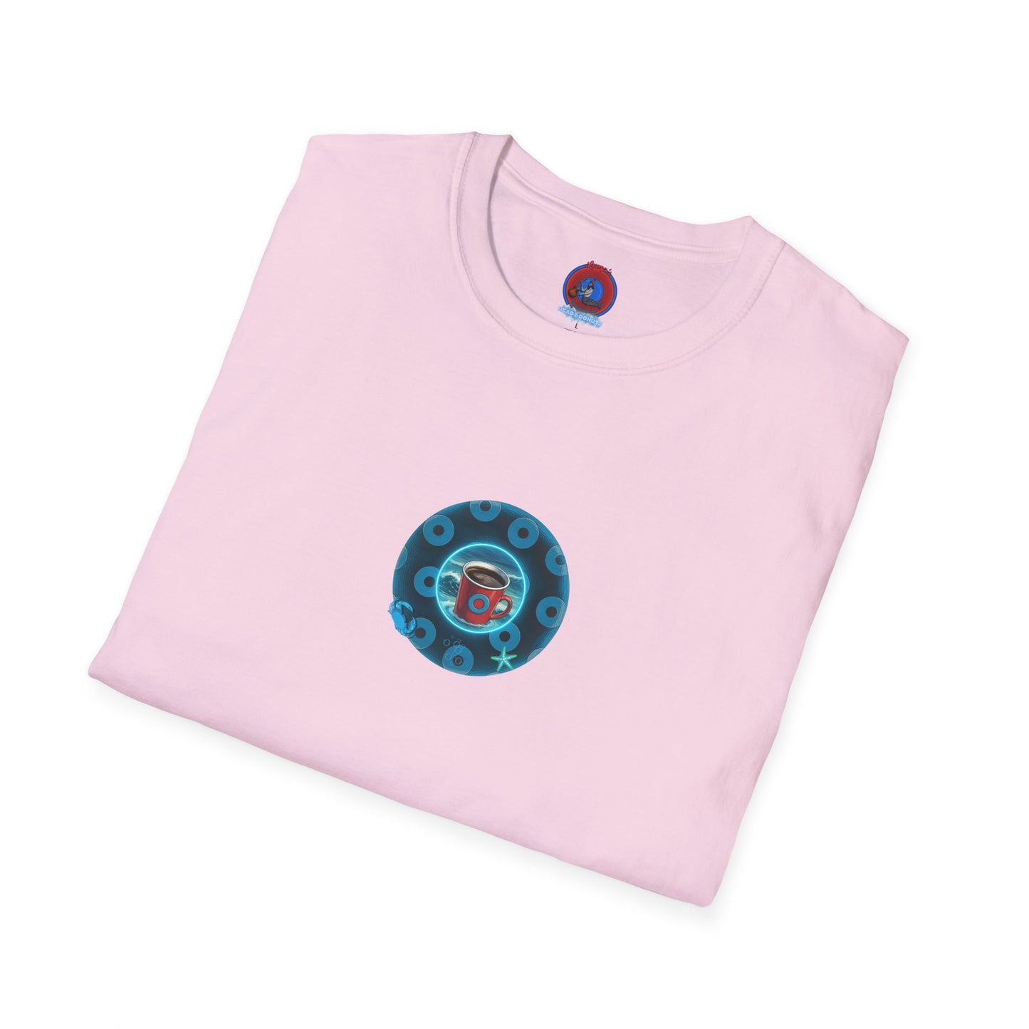 Lumpy Coffee Traders Tee - Unisex Soft-Style - "Good to Last Leaky Drop" - paradoxical donut - variant 2 - ocean donut front/logo back
