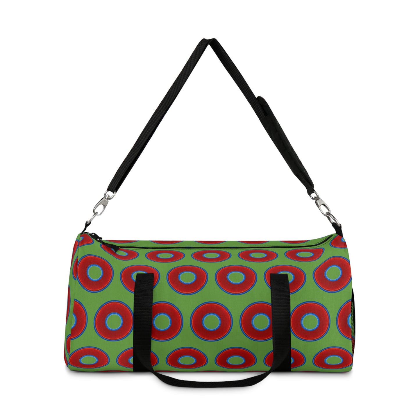 Lumpy Duffel - vivid red donuts w/light green background