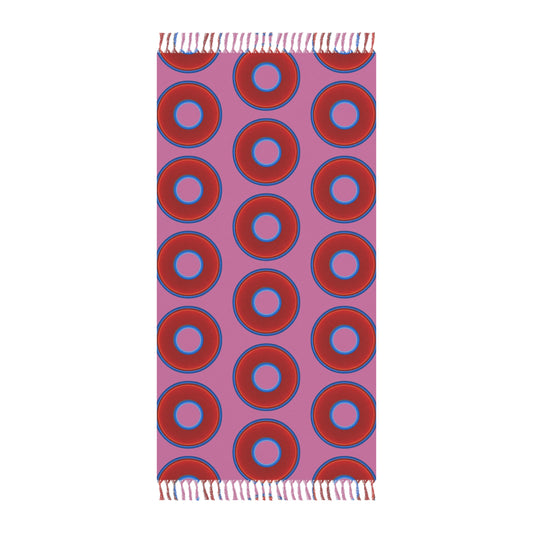 Oversized Lumpy Beach Towel - vivid red donuts w/pink background