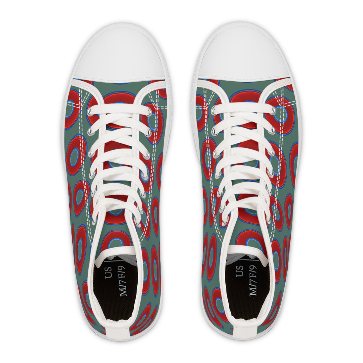 Women's High Top Chuck Taylors - large vivid red donut print w/Fenway green background