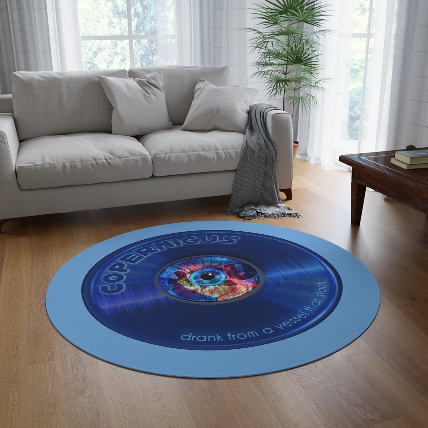Round Room - 5 ft x 5 ft Lumpy Donut Rug - "Drunken Copernicus Donut Rug" -vivid blue record donut w/light blue background