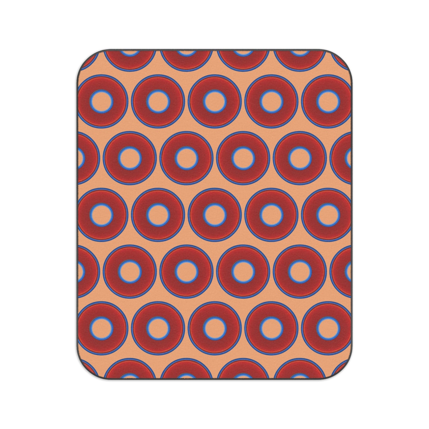 The Lumpy Party Blanket - giant water-resistant outdoor blanket [61" x 51"] - vivid red donuts w/peach background