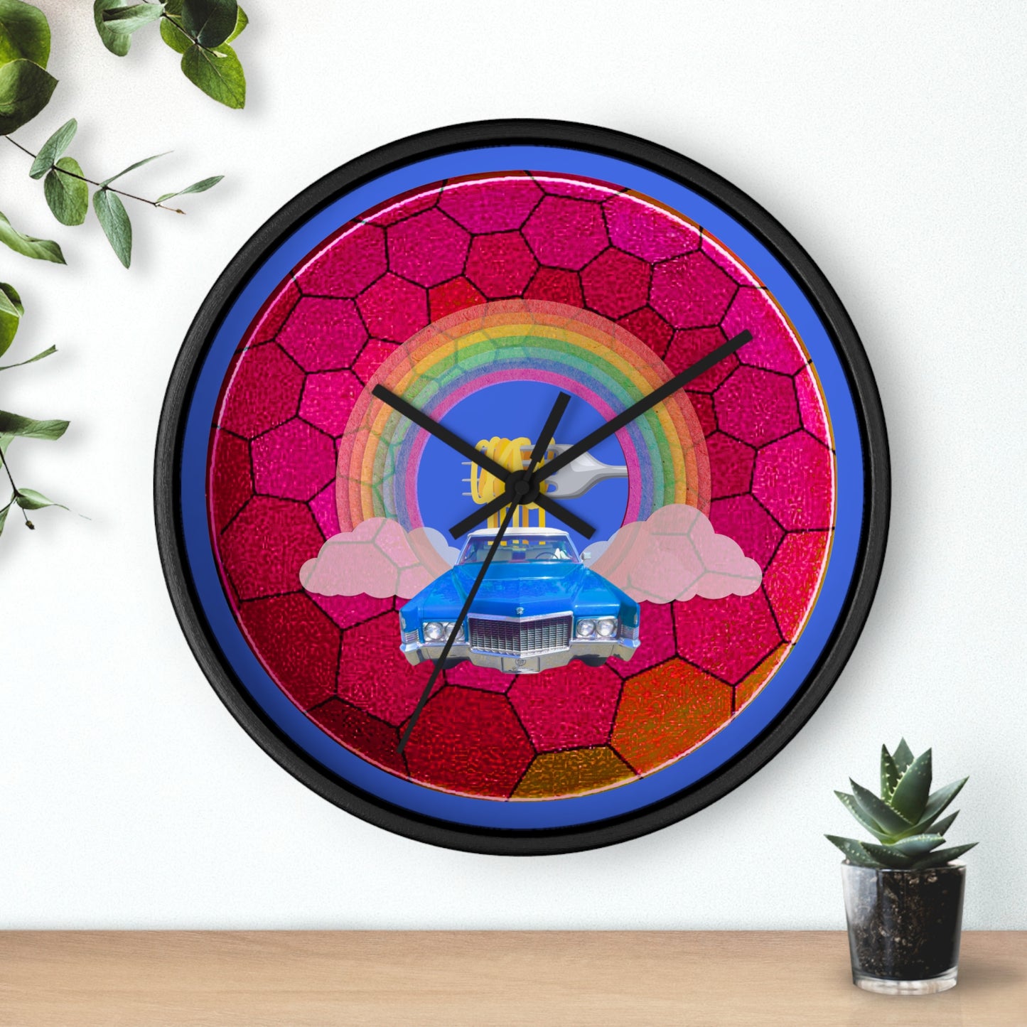 Lumpy Wall Clock - "Time for a Spaghetti Incident in my Caddy" - variant 2 - magenta hexadonut w/royal blue background