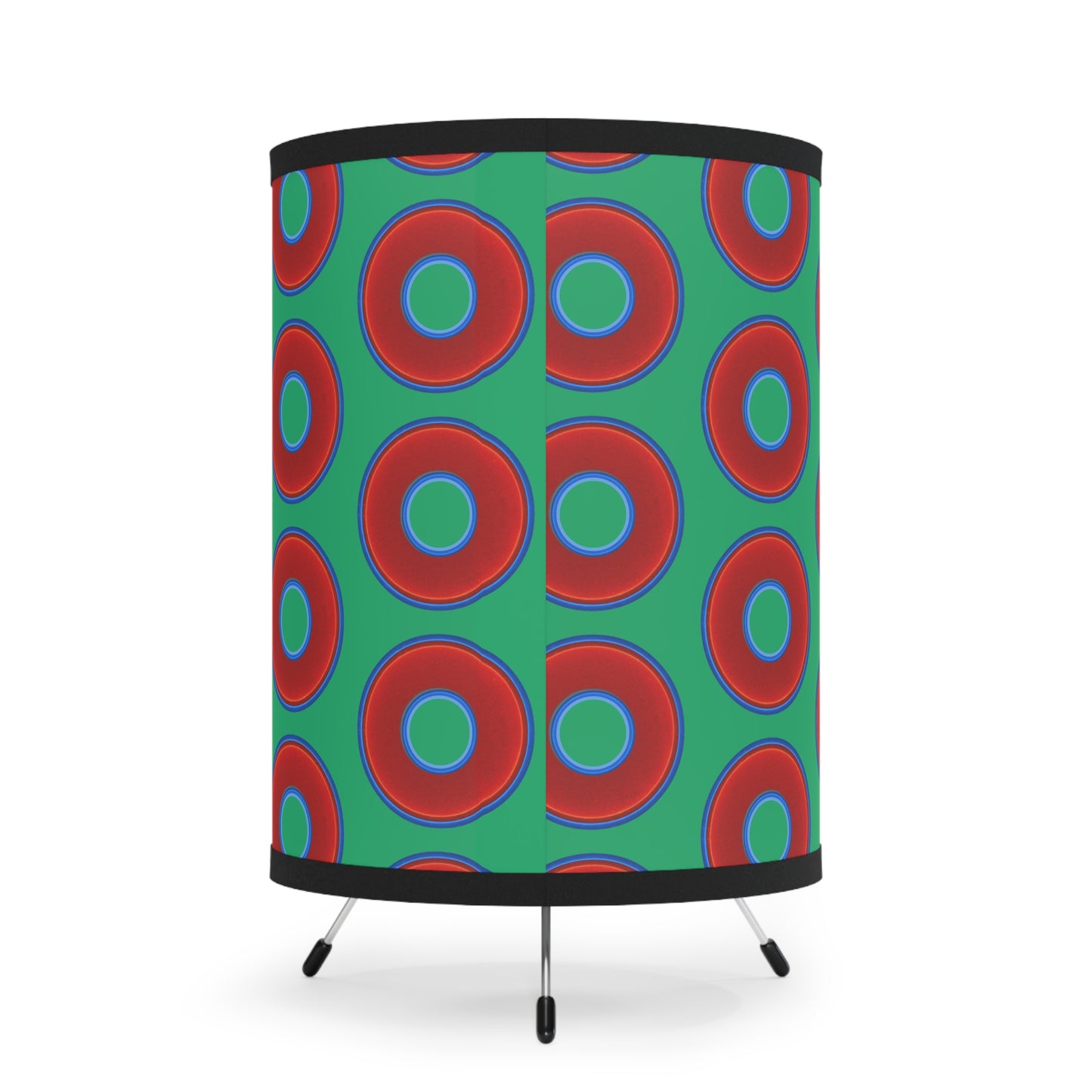 Lumpy Tripod Donut Lamp - vivid red donuts w/jade green background
