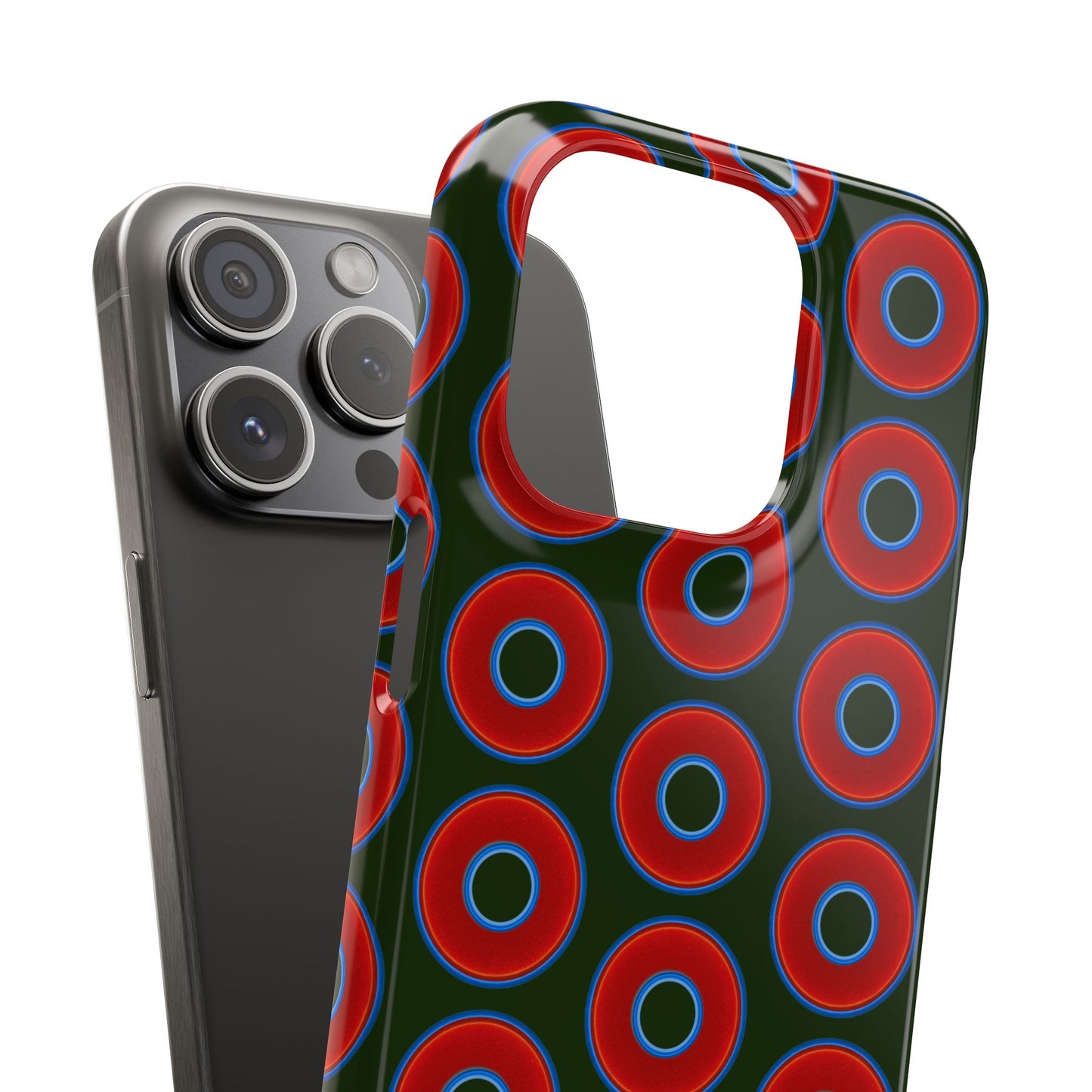 Lumpy Donut Snap Case - red vivid donut print w/deep forest green background
