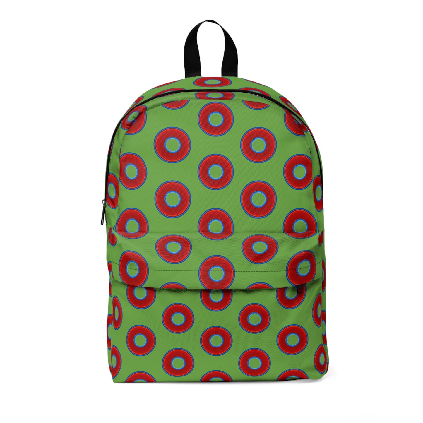 Donut Backpack - red vivid donuts w/light green background
