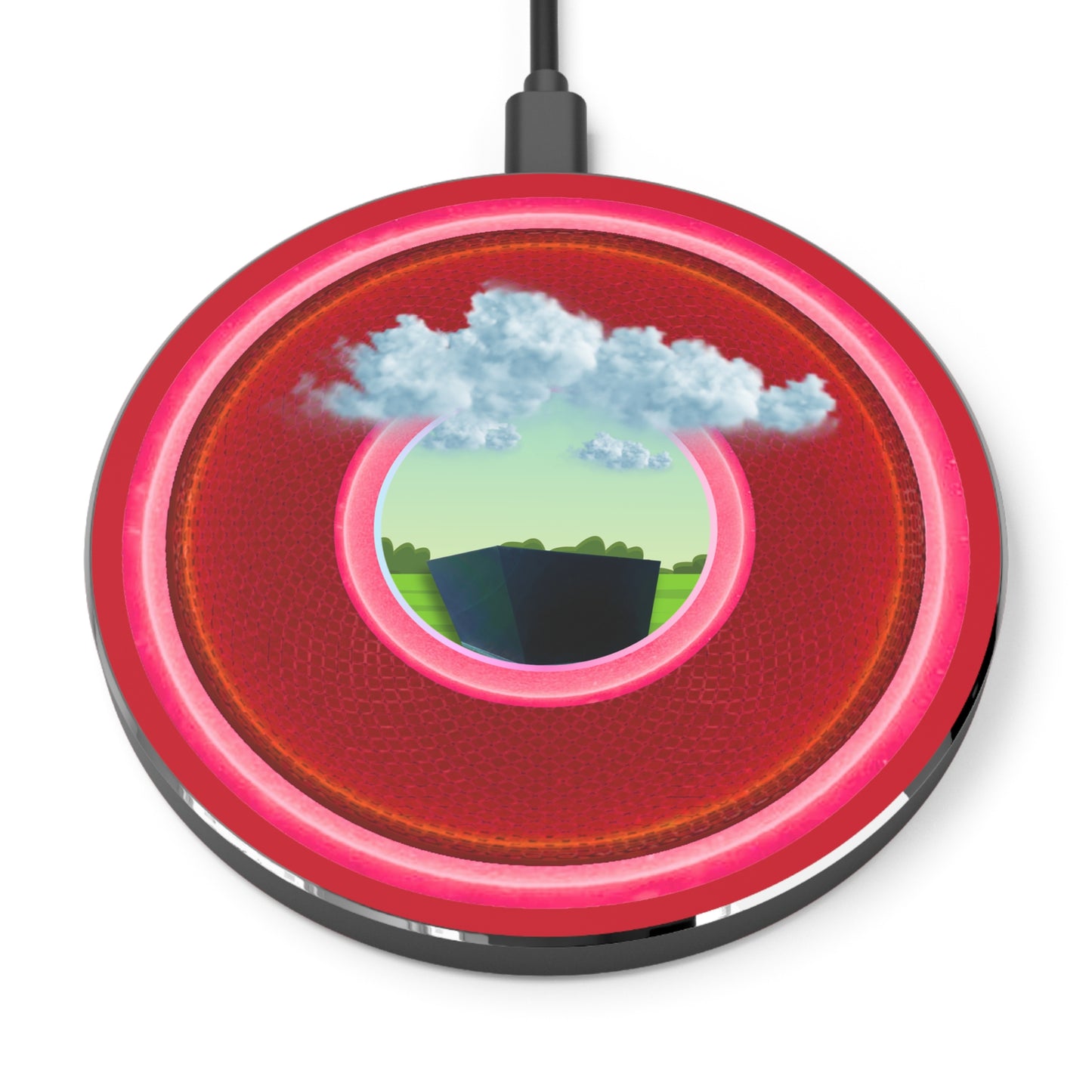 The Flow - Wireless Lumpy Donut Chargers - "Got Rhombus Wireless Charger?" - rustic red/pink donut w/dark red background - variant 2