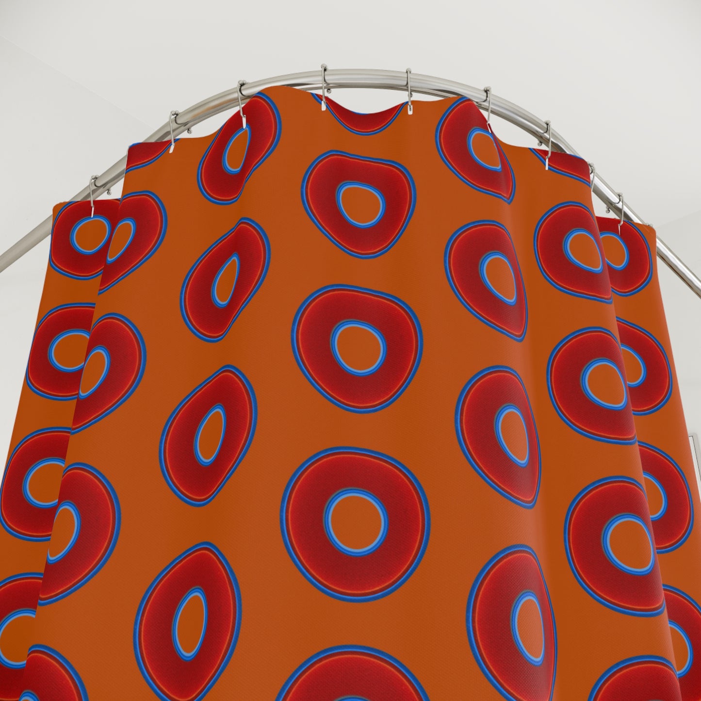The Curtain With "Donuts" - Lumpy Bath Time Fun - vivid red donuts w/dark orange background