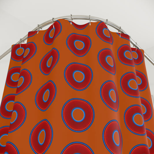 The Curtain With "Donuts" - Lumpy Bath Time Fun - vivid red donuts w/dark orange background