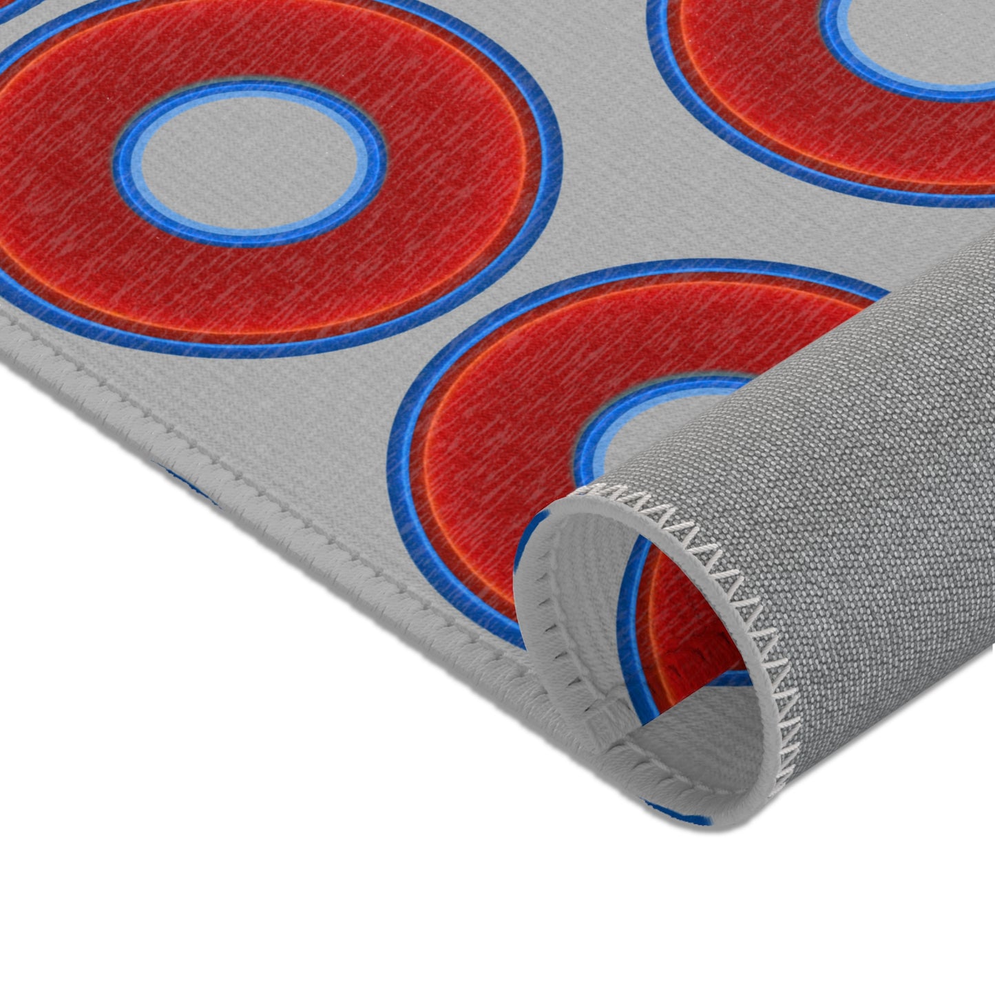 Lumpy Donut Print Rug - choice of 3 sizes - vivid red donut print w/light gray background