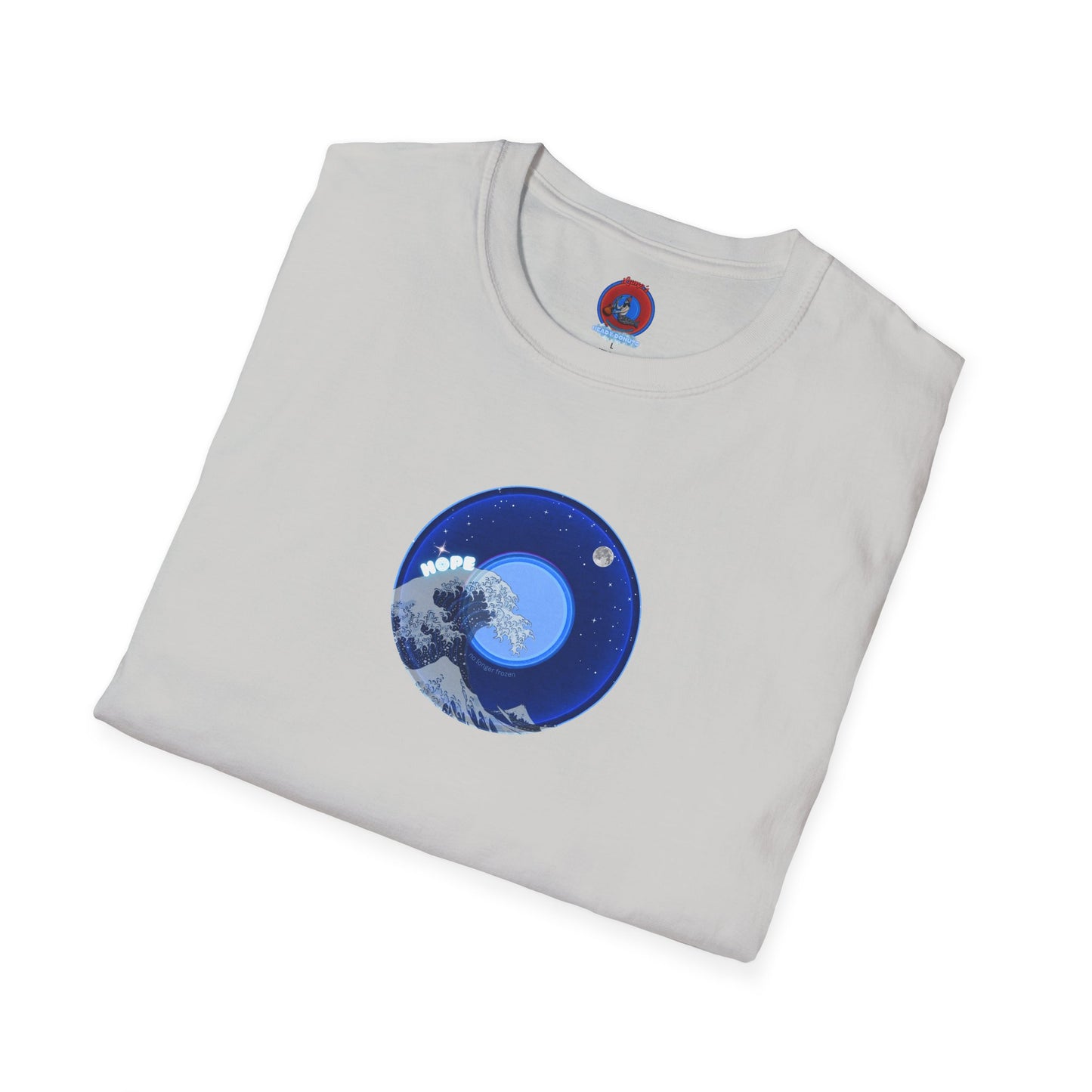 Classic Donut Tee - Unisex Soft-Style - "The Hopeful Waving Donut" - variant 2 - vivid blue donut