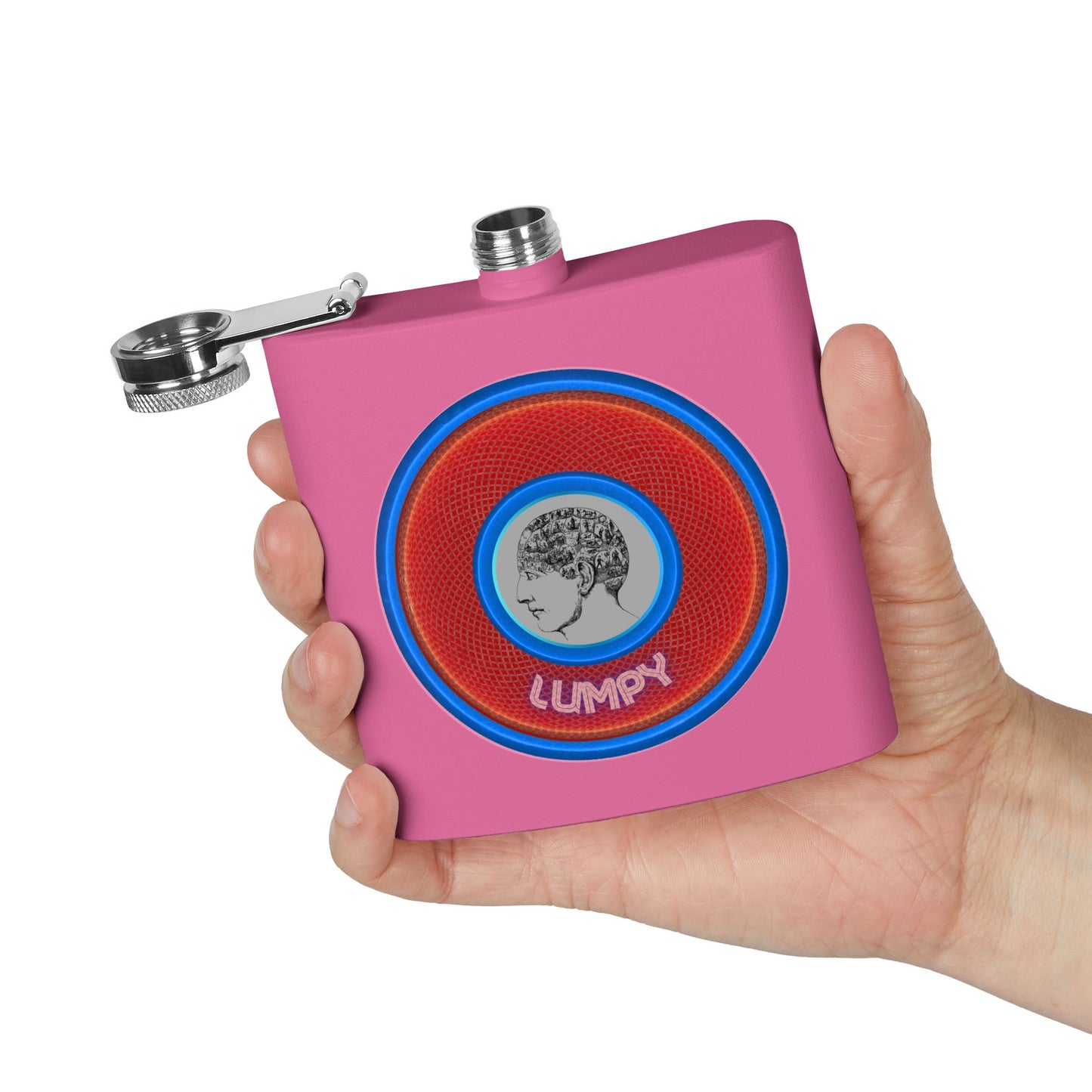 Lump's Donut Flask 6 oz -  "Our Lumpiest Flask" - red/blue rustic donut - [*w/your choice of 6 backgrounds]