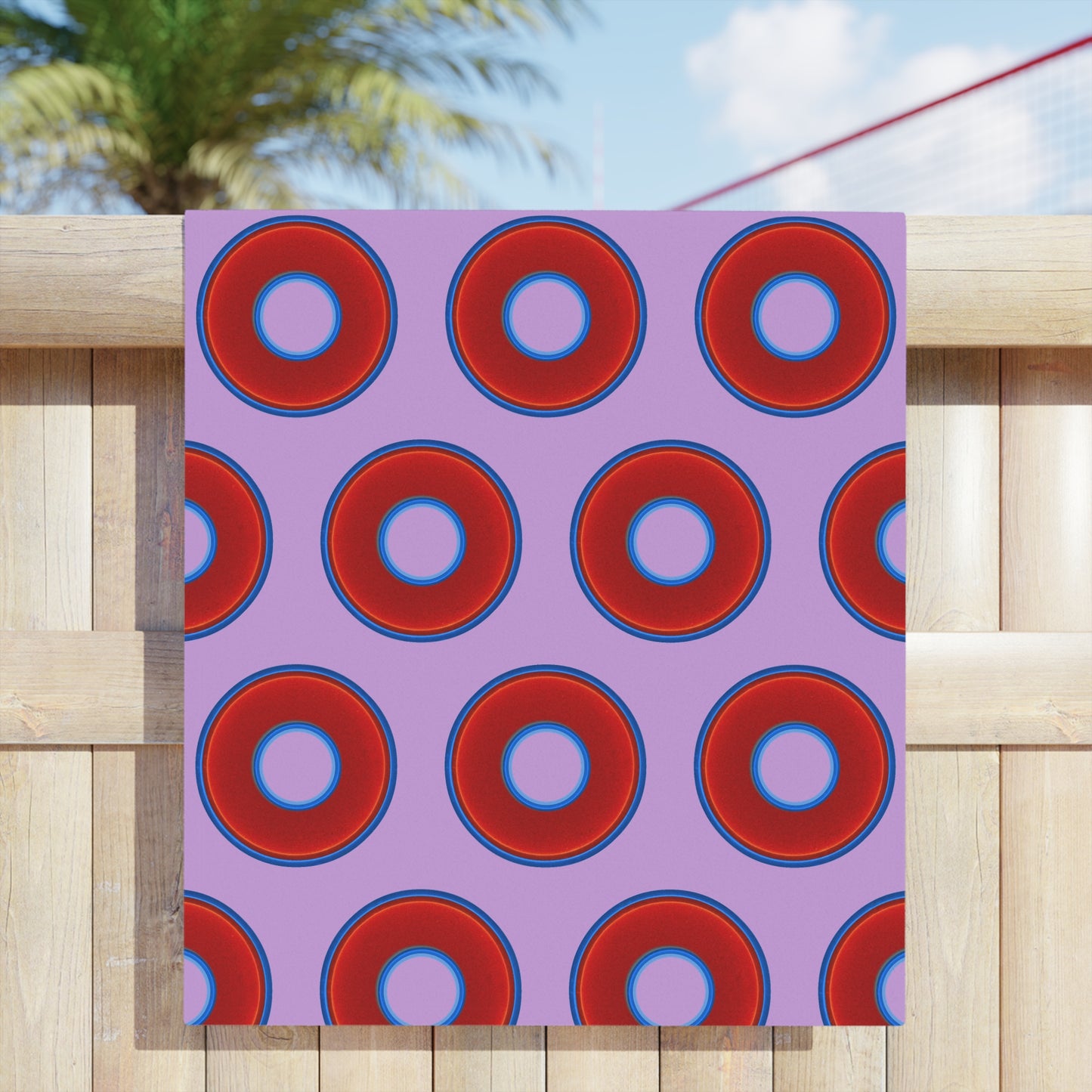 Lumpy Donut Towels - vivid red donuts w/wisteria purple background