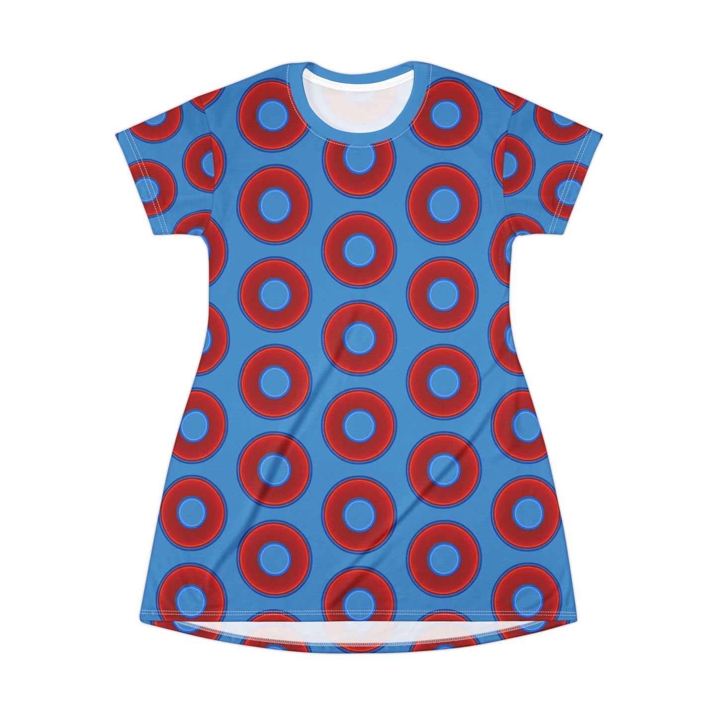Not a Muumuu AOP Tee Shirt Dress - red vivid donuts w/light steel blue background