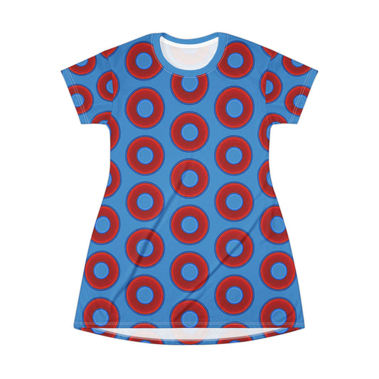 Not a Muumuu AOP Tee Shirt Dress - red vivid donuts w/light steel blue background
