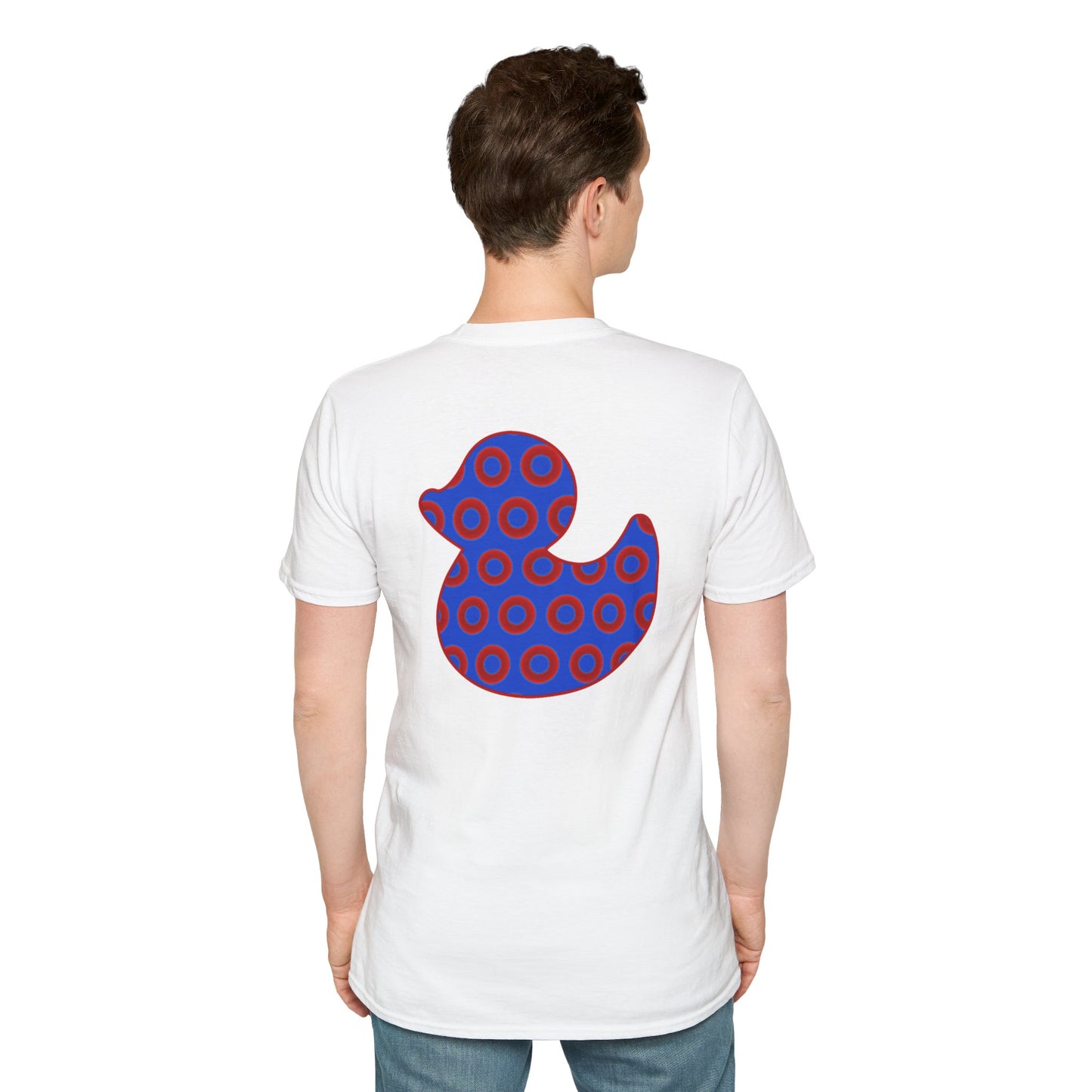 Classic Donut Tee - Unisex Soft-Style - "Rubber Ducky Bath Time Donut" - vivid red/blue donut pattern - variant 3