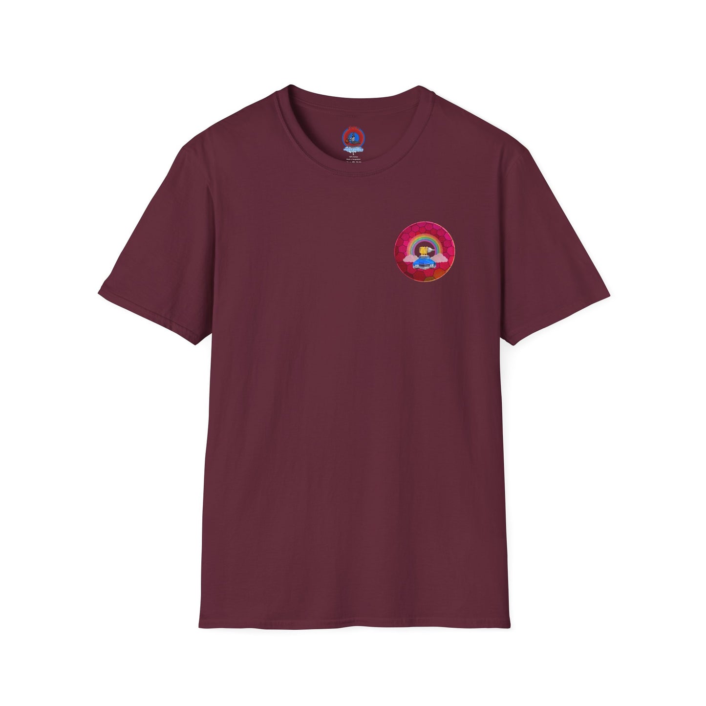 Classic Donut Tee - Unisex Soft-Style - "Cadillac Rainbows Donut Tee " - variant 2 - magenta hexadonut w/blue caddy