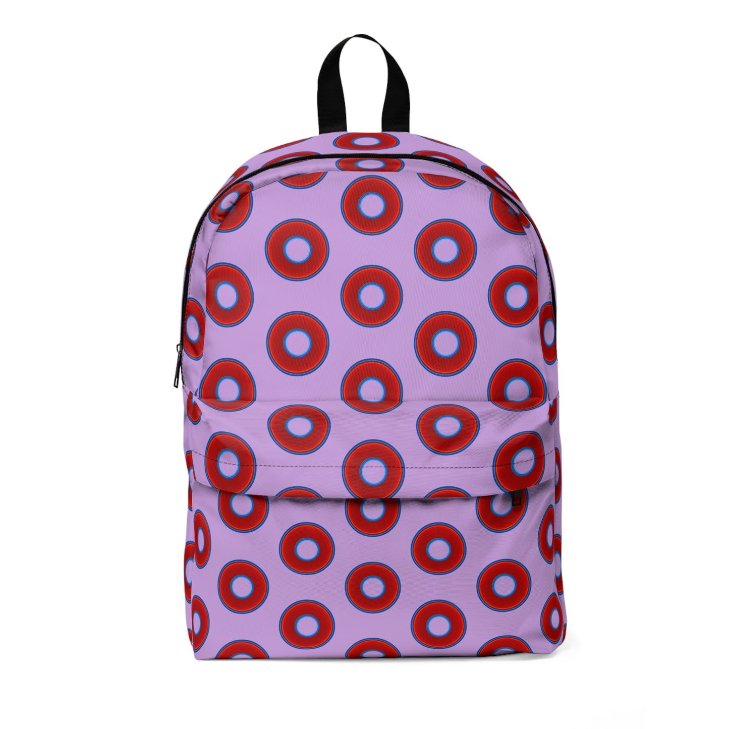 Donut Backpack - red vivid donuts w/wisteria purple background