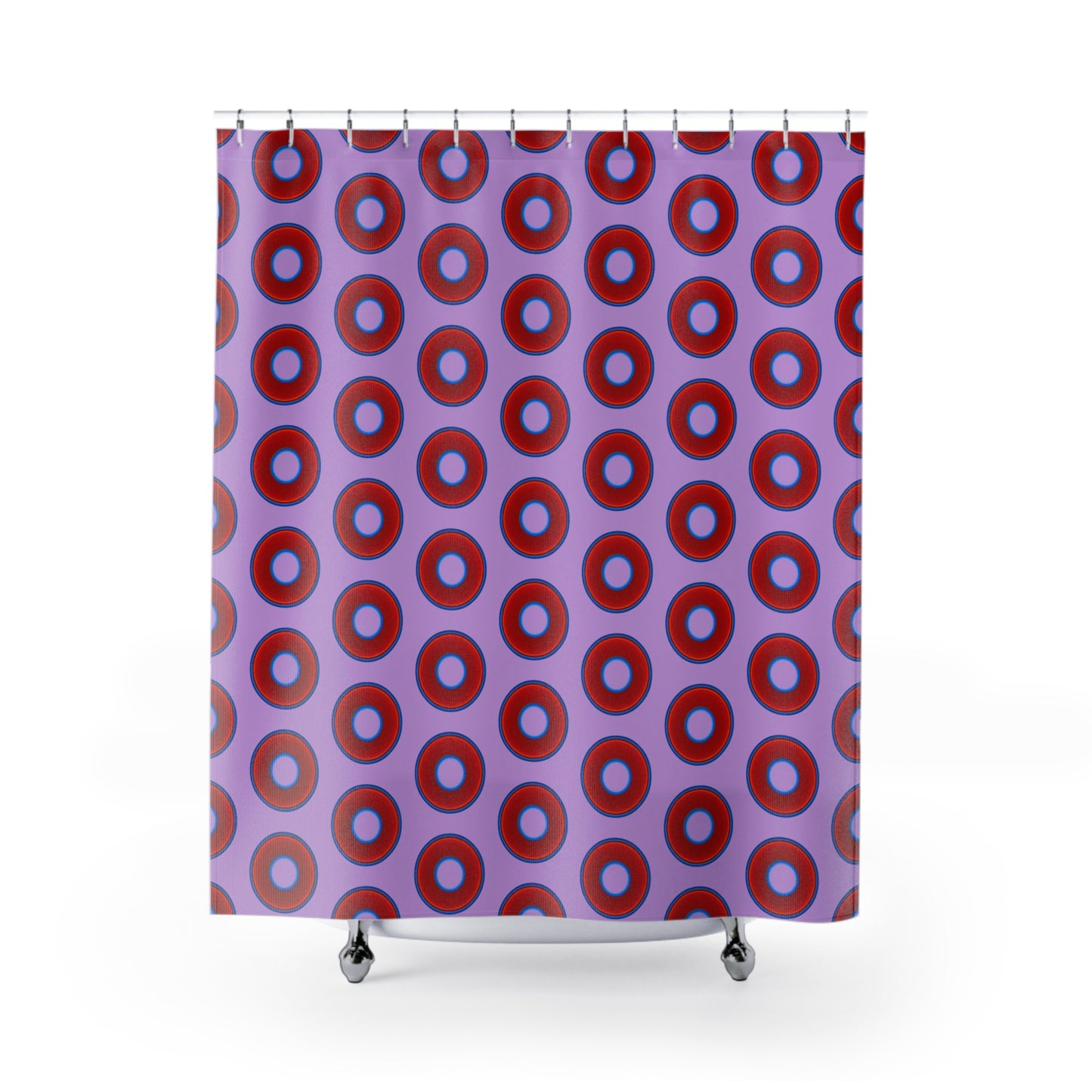 The Curtain With "Donuts" - Lumpy Bath Time Fun - vivid red donuts w/wisteria purple background