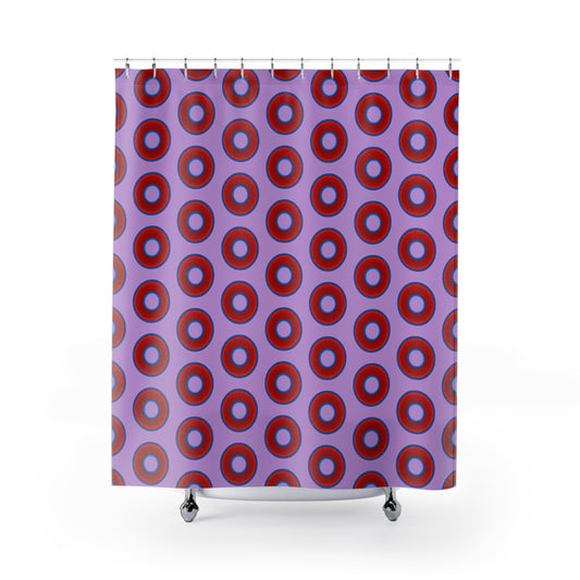 The Curtain With "Donuts" - Lumpy Bath Time Fun - vivid red donuts w/wisteria purple background