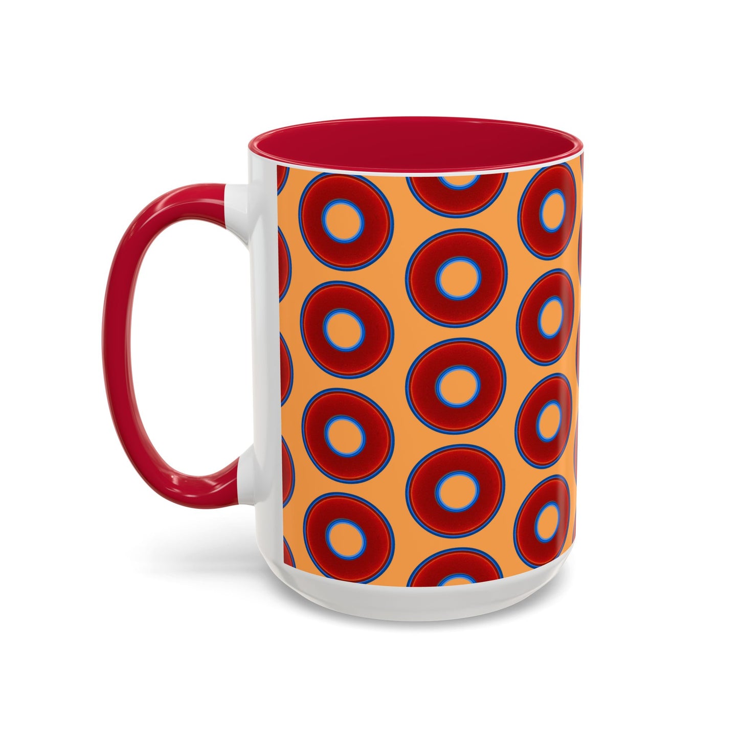Lump's Grumpy Coffee Mug - vivid red donuts w/creamsicle orange background