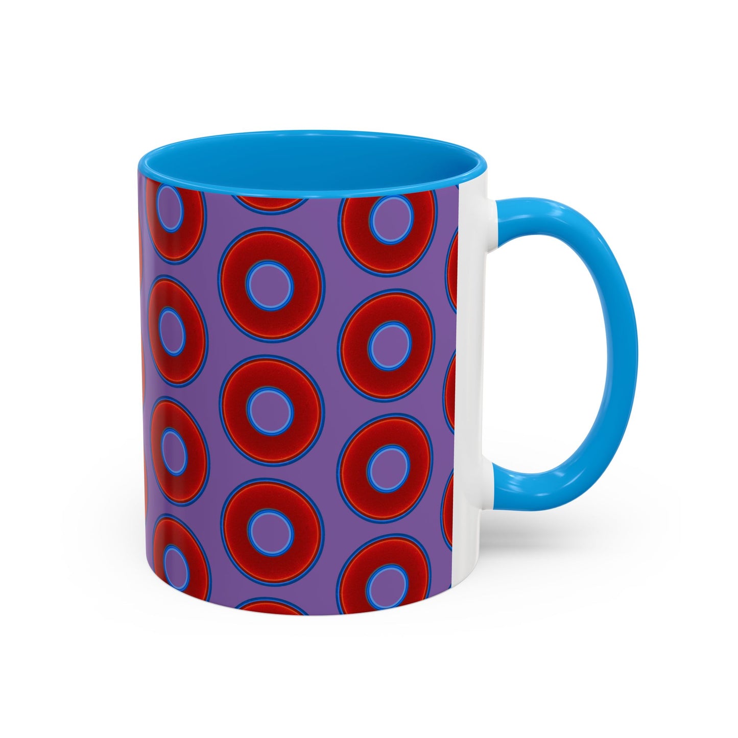 Lump's Grumpy Coffee Mug - vivid red donuts w/light purple background