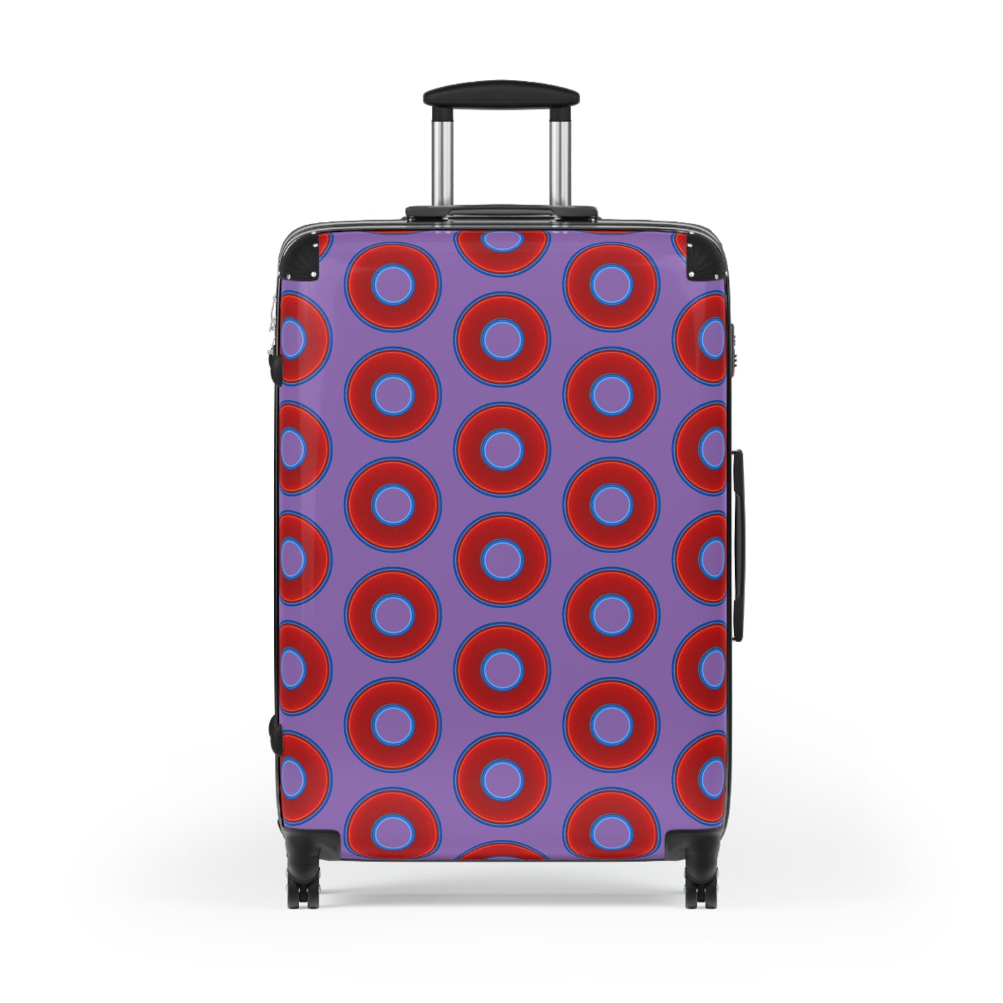 The Very Lumpy Donut Suitcase series - your choice of S, M or L - vivid red donut print w/light purple background