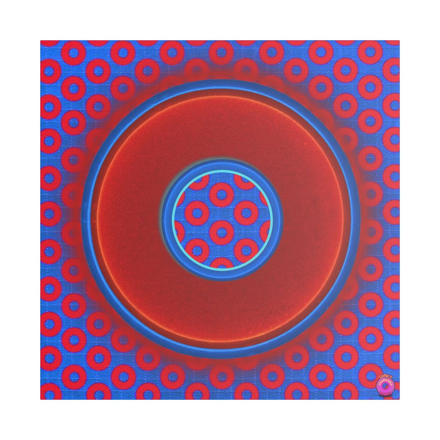 Donuts4charity - Giant Canvas [36" x 36"] - "Donuts within Donuts" - vivid red/blue donut on grid paradox donut background