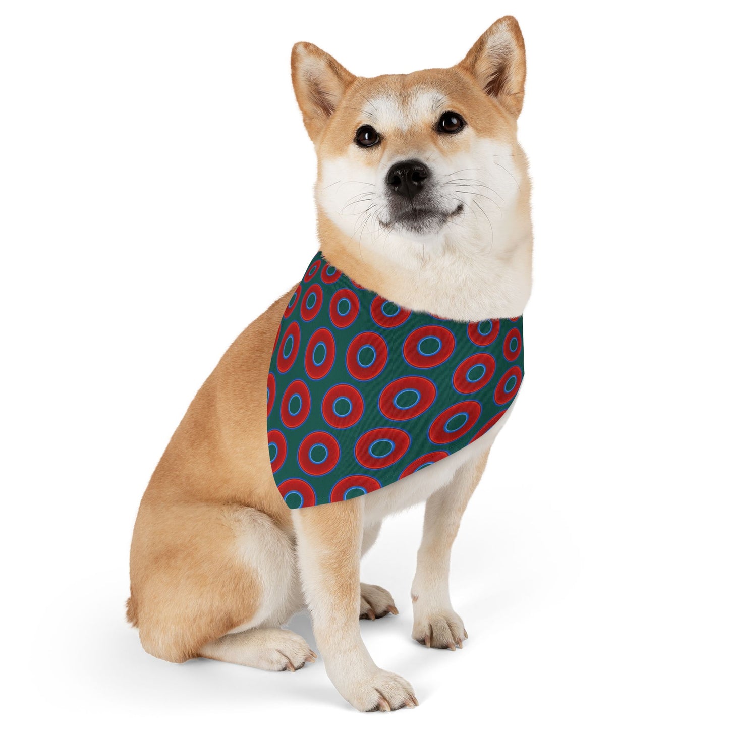 Jim's Lumpy Bandana Pet Collar - vivid red donuts w/dark Fenway green background