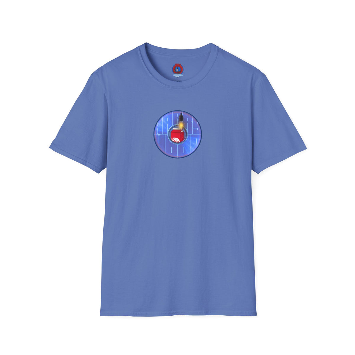 Classic Donut Tee - Unisex Soft-Style - "Harry Left His Donut Shirt" - series 1.0  - variant 4 - purple/blue donut - w/milk & light on