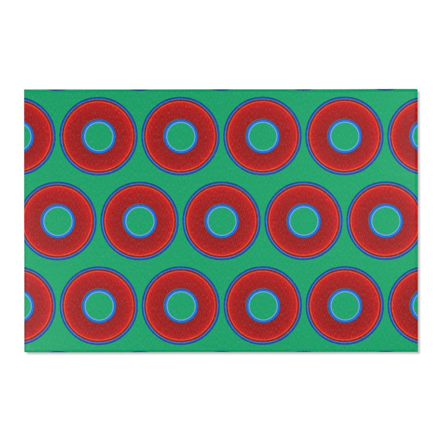 Lumpy Donut Print Rug - choice of 3 sizes - vivid red donut print w/jade green background