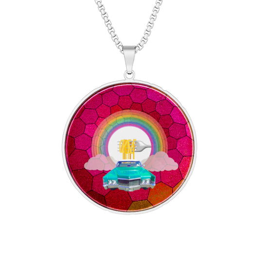 Lump's Heady Donut Necklace - 1" x 1" Stainless Steel Pendant - "Cadillac Rainbow Donut Pendant" - magenta hexadonut - variant 3